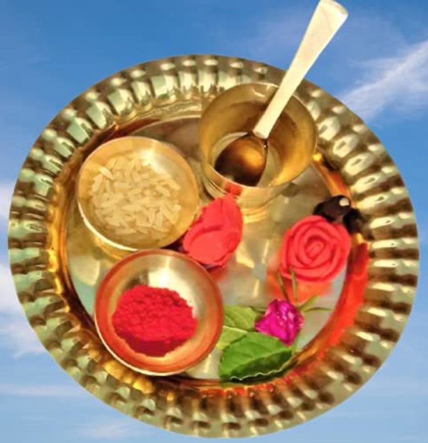 Brass Pooja Thali Set of 5 Pcs, Pooja Plate with 2 Bowl, 1 Glass and 1  Spoon for