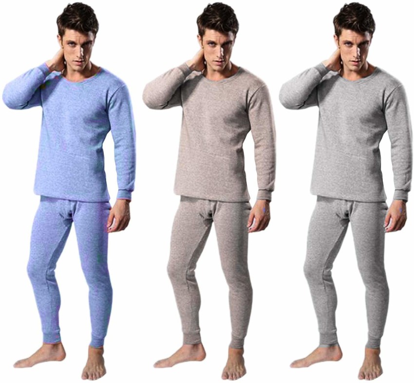 CROTUS Men Winters Woolen Thermal Wear Upper Lower Inner Set, Round Neck  Fleece Thermal Wear Set Blue, Grey and Brown Combo of 3 (Size 40) Men Top -  Pyjama Set Thermal 
