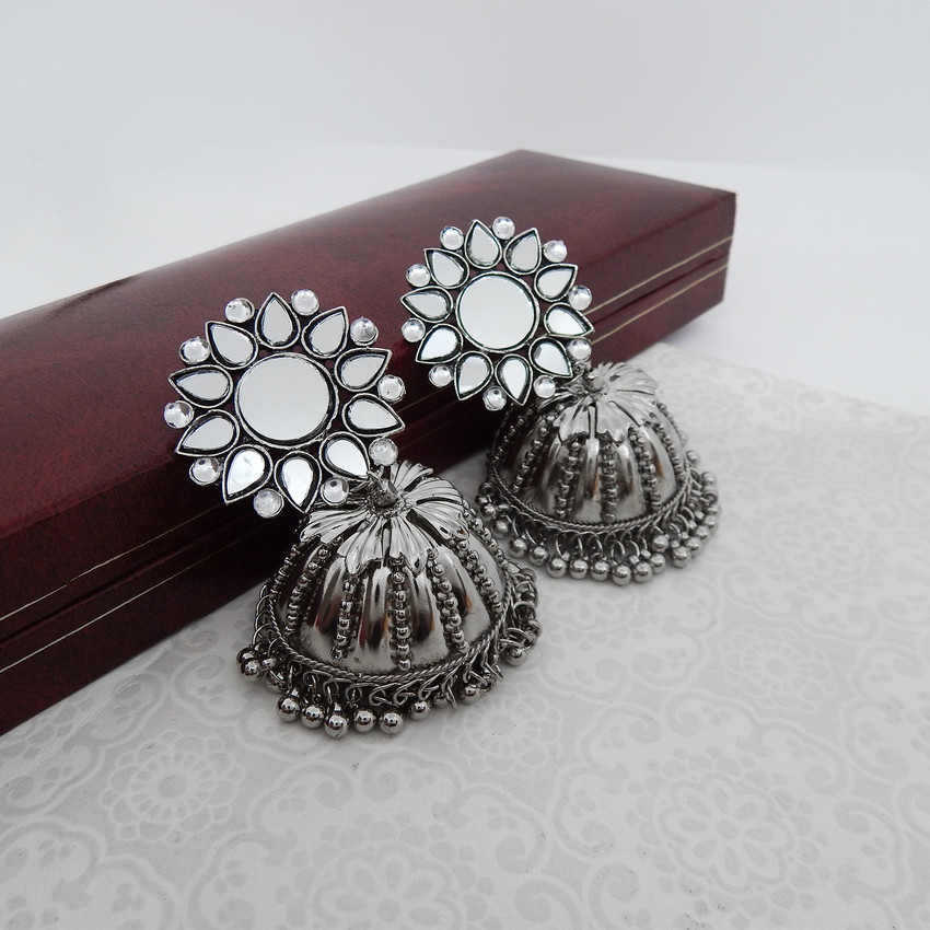 Flipkart Buy FRESH VIBES Oxiised Silver Black Metal Stylish Fancy Mirror Work Jhumka Earrings for Girls Metal Jhumki Earring Online at Best Prices in India