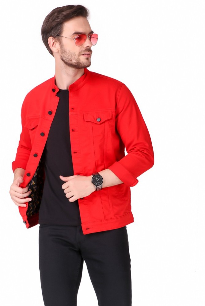 Skenjel Men Red Solid Denim Jacket