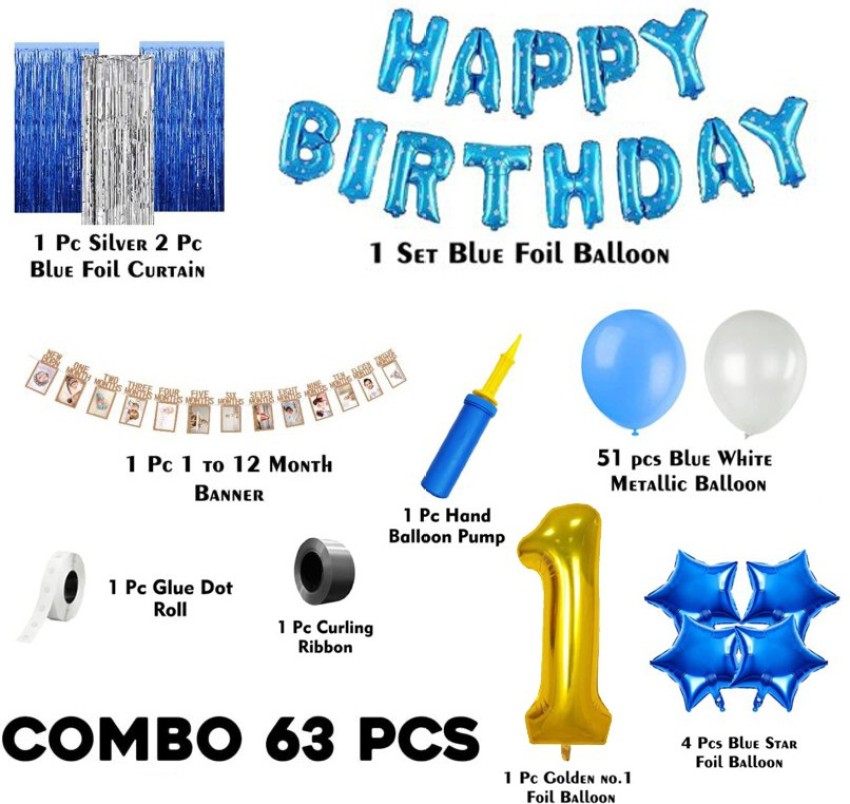 1st Birthday Decoration Items Combo For Boys - 63Pcs Blue & Silver  Decoration - 1st Birthday Party Decorations, Decorations kit for first