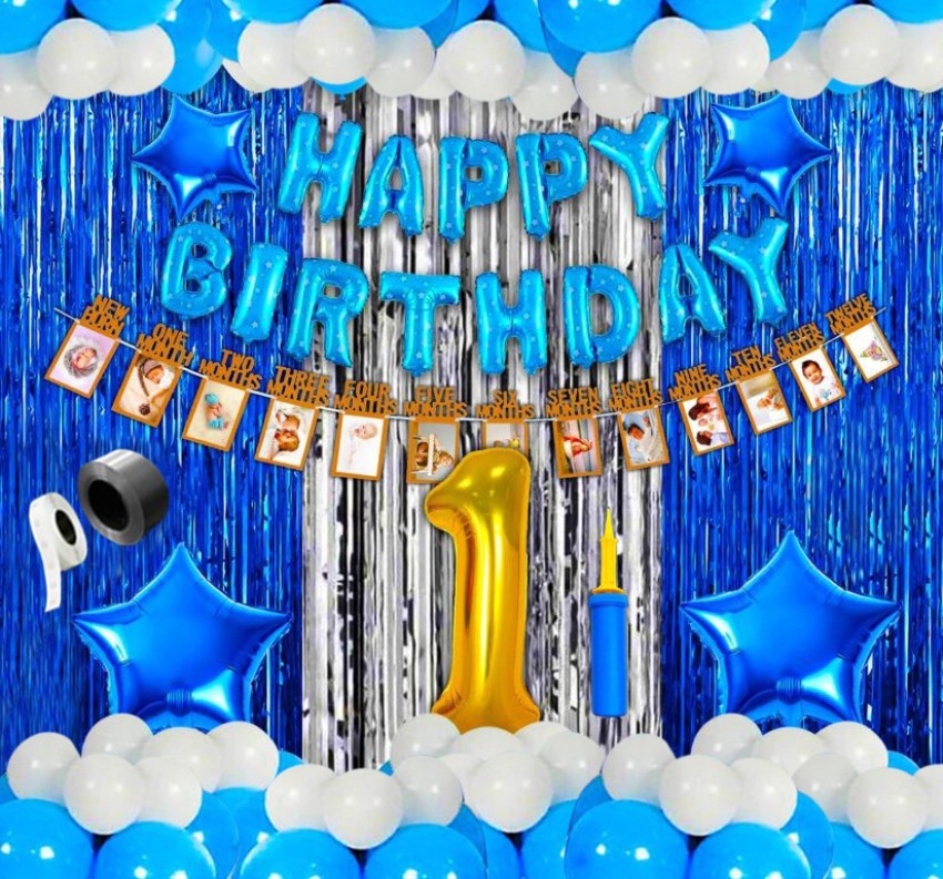 Party Propz Blue 1st Birthday Decoration for Baby Boy Kit I Am One bunting,  1-12 Month Milestone Banner, Number 1 Foil Balloon and Round Foil Balloons  With Silver Foil Curtain Combo 51Pcs.