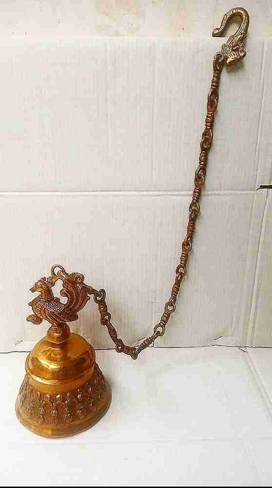 Pure Brass Hanging Temple Bell with Blue Elephant Engraving