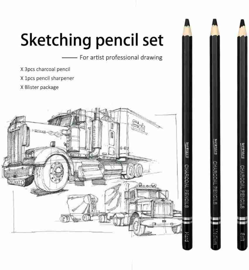 Worison Artist Black Charcoal Pencils Set - 3 Pieces Soft Medium and Hard Drawing  Pencils - Starbox