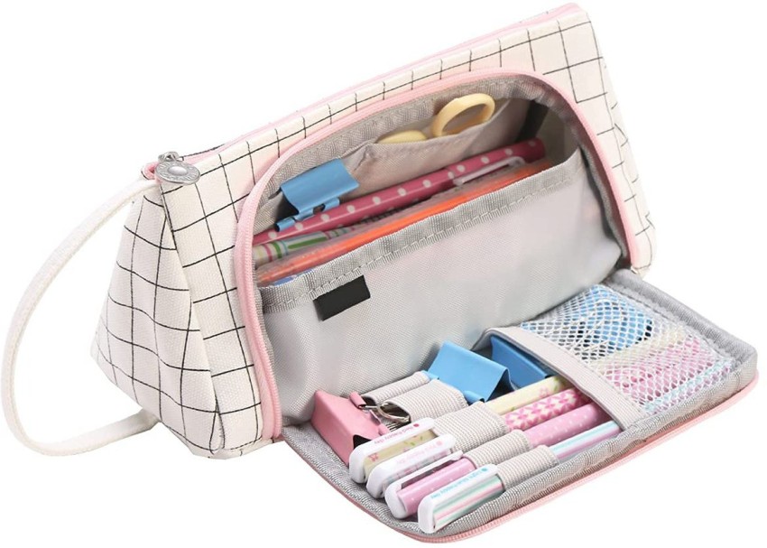 EASTHILL Grid Mesh Pen Pencil Case with Zipper Clear Makeup Color Pouch  Pink