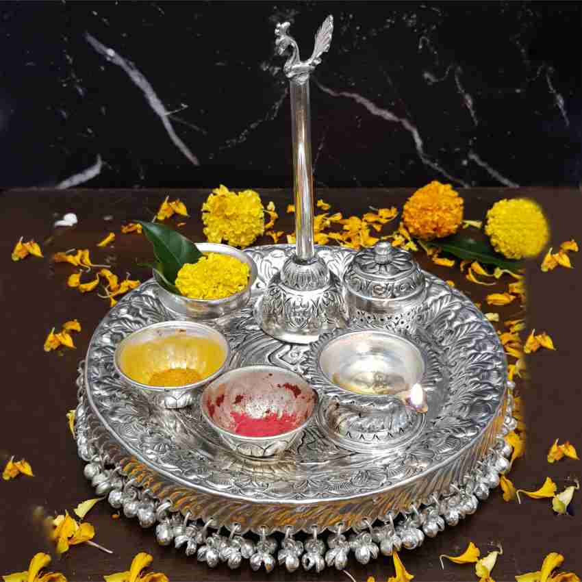 GOLDGIFTIDEAS 10 Inch Brass Premium Laxmi Ganesh Pooja Aarti Thali Set for  Gift, Pooja Article for Gift, Brass Pooja Plate for Diwali Puja