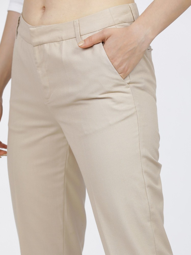 Beige and Black Plain Cotton Formal Chinos Trousers