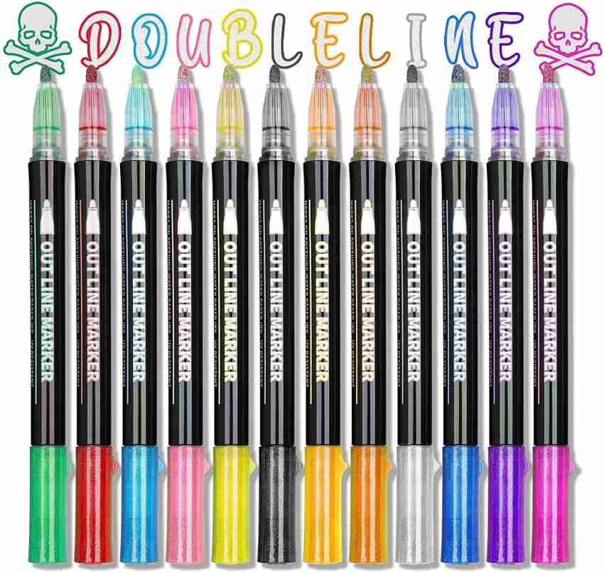 12/24 Colors Outline Markers Shimmer Markers Set Self-Outline Metallic  Outline Markers for Doodling Drawing and Card Making 12 Colors 