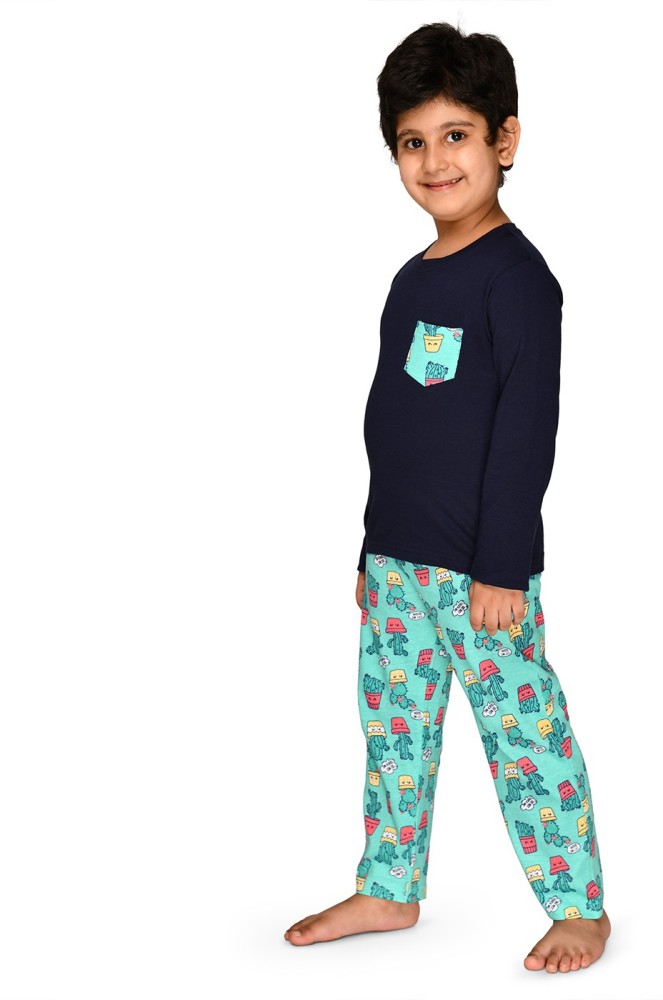 Lilpicks Boys Printed Dark Blue, Green Night Suit Set