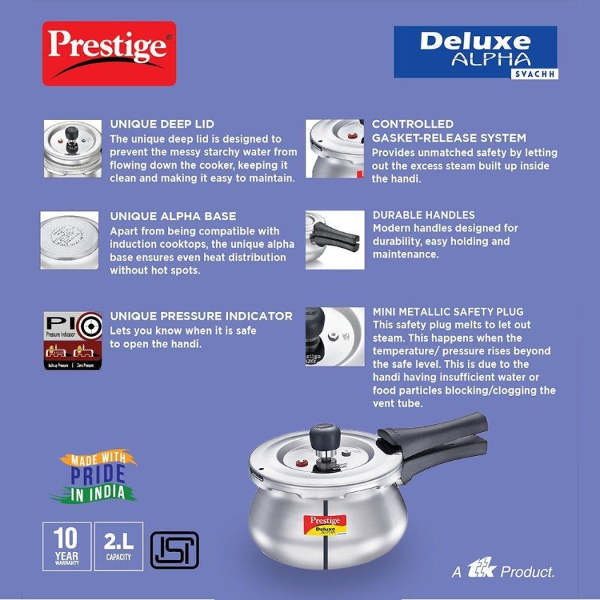 Induction Base Silver 2 Litre Prestige Flip On Stainless Steel Pressure  Cooker, For Cooking, Size: 31 X 21.7 X 14.5 cm(lxhxw)