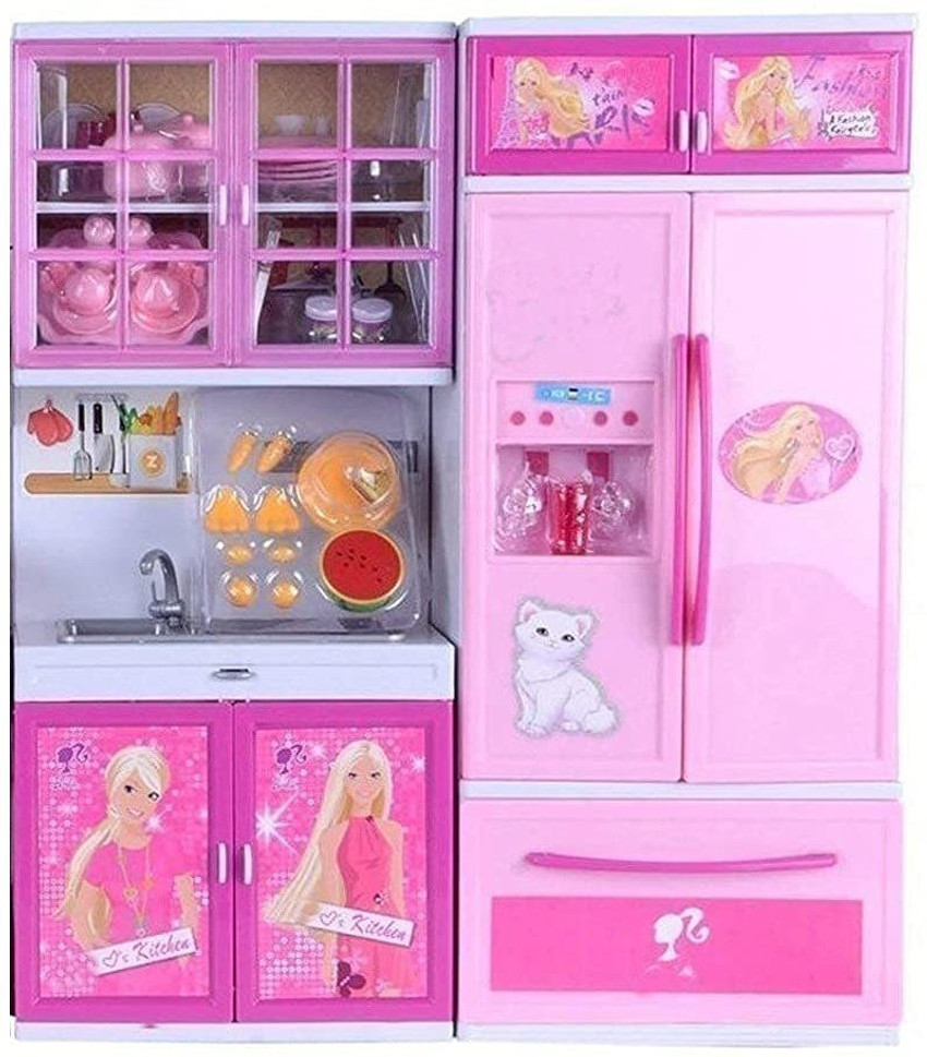LDB ENTERPRISE Modern Kitchen Set with Light Sound Openable Doors Refrigerator Oven Kitchen Accessories Fruits Toys for Girls Boys Kids Toy 2 Compartment Kitchen Set Modern Kitchen Set with Light