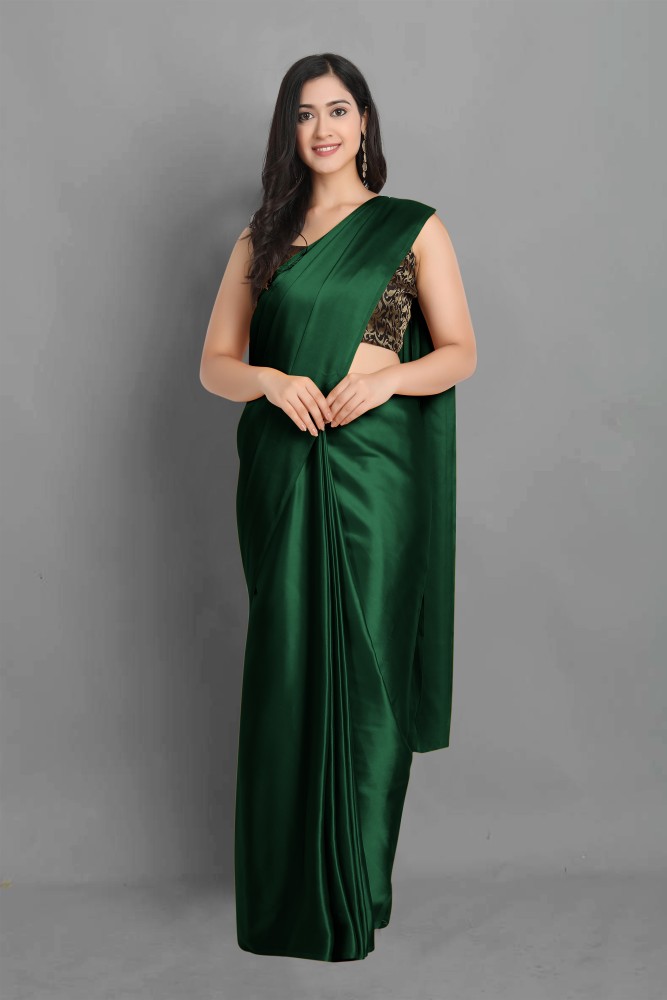 Green Soft Satin Plain Crush Saree