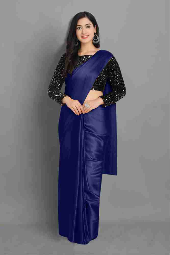 Navy blue shop plain satin saree