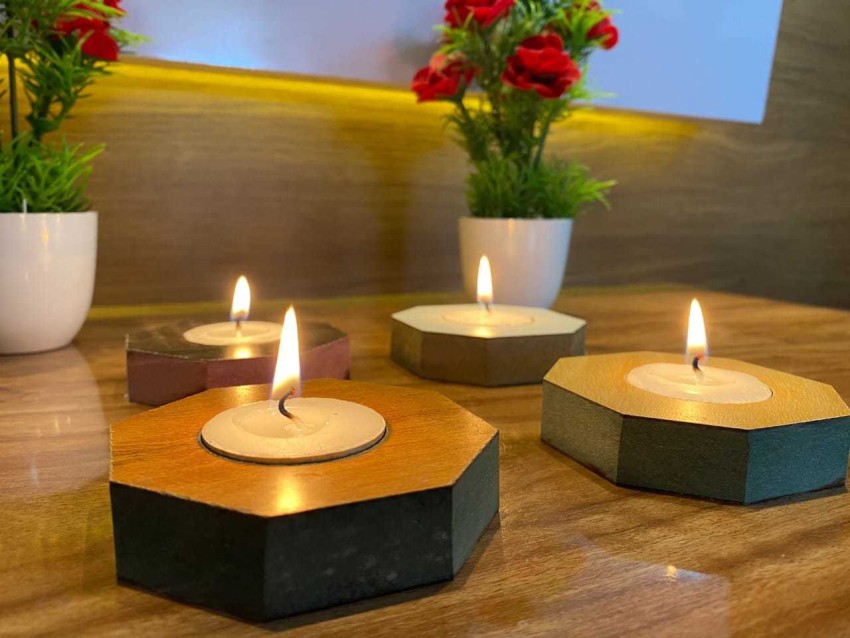 Tea Light Candle Holder Set Of 6 Diwali Decor Handmade Wooden