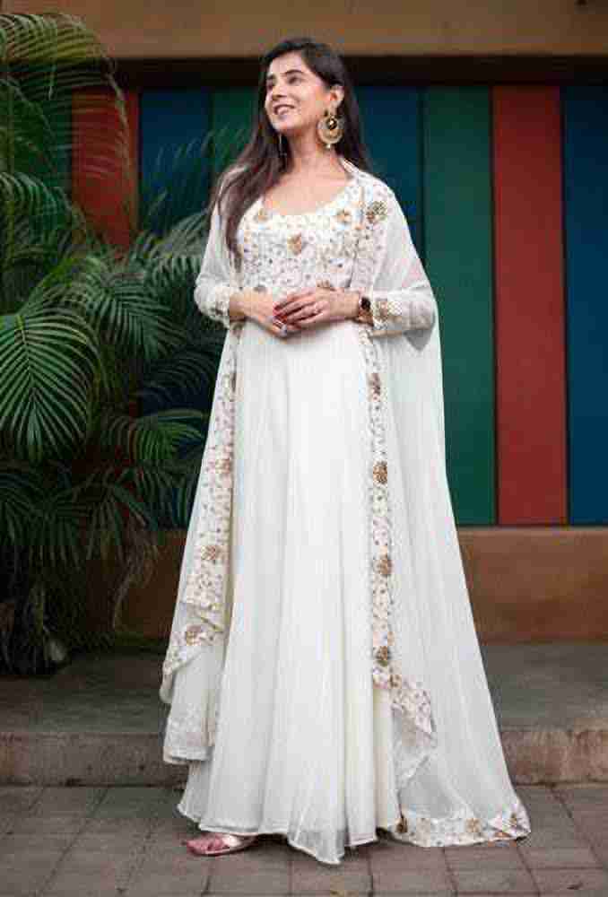 White anarkali new arrivals dress flipkart