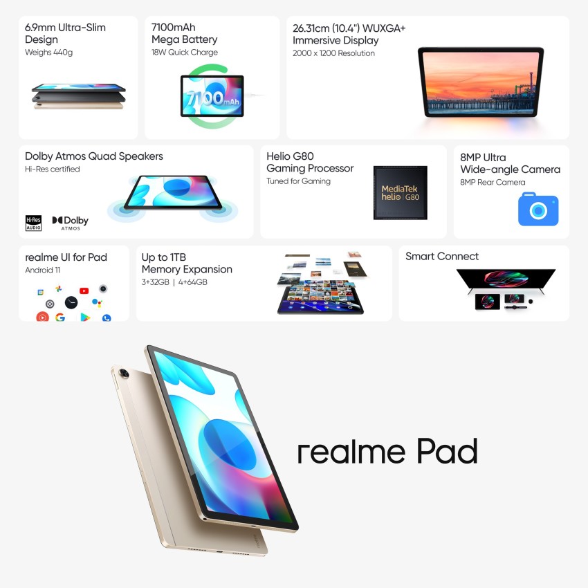 realme Pad 4 GB RAM 64 GB ROM 10.4 inch with Wi-Fi+4G Tablet (Gold