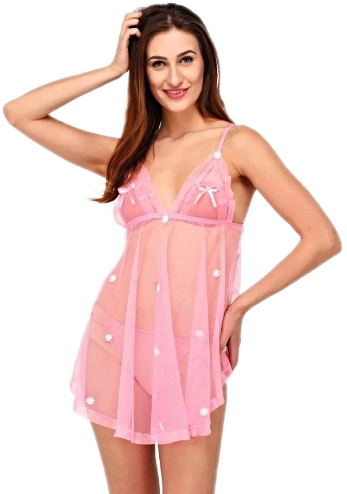Buy CALENDULA Women Light Pink Self Design Net Babydoll l Night