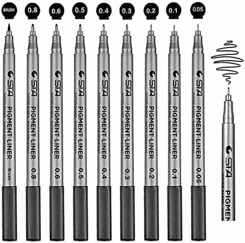 STA Black Pigment Fine Liner Brush Drawing Scrapbooking Pens 9 Pack