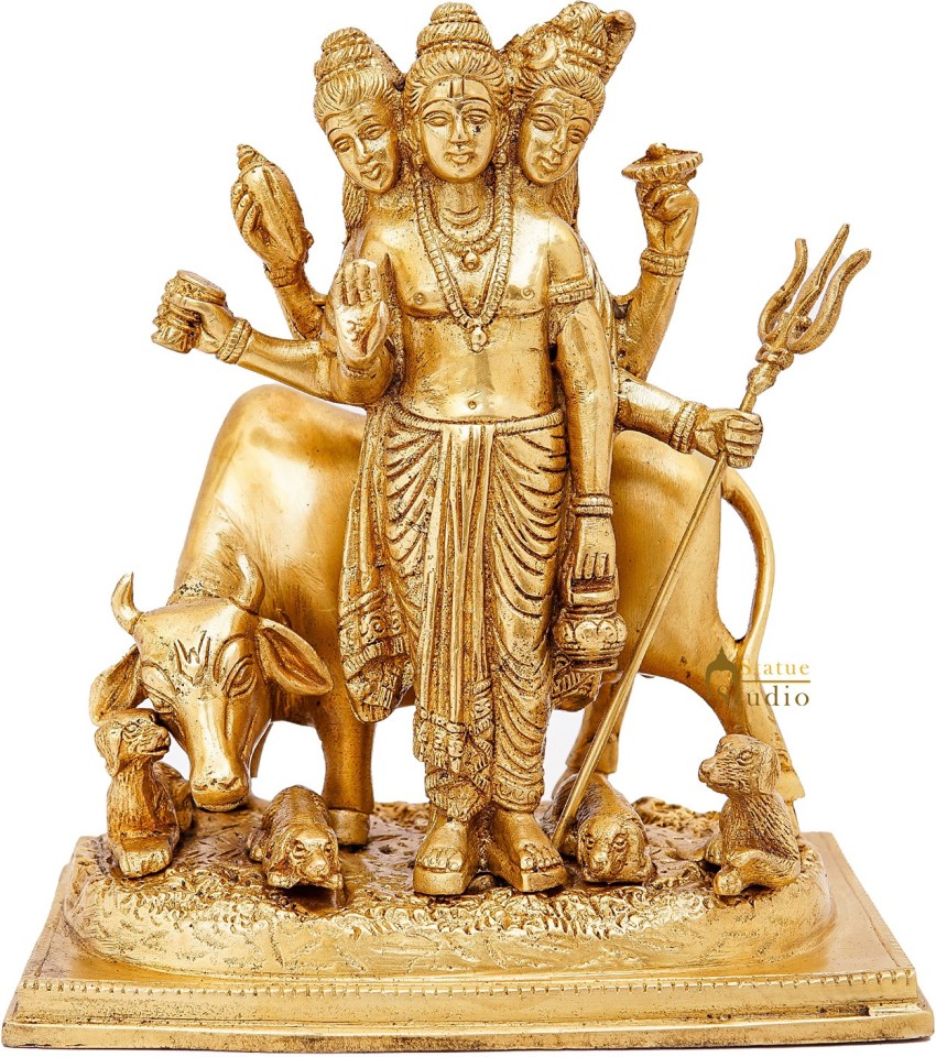 StatueStudio Trishakti Lord Shiva Statue Vishnu Murti Brahma Idol  Combination Deity with Cow Brass Tridev Statue Religious Item for Pooja  Room, Home Temple, Office Table and Shop Diwali Gift Decorative Showpiece 