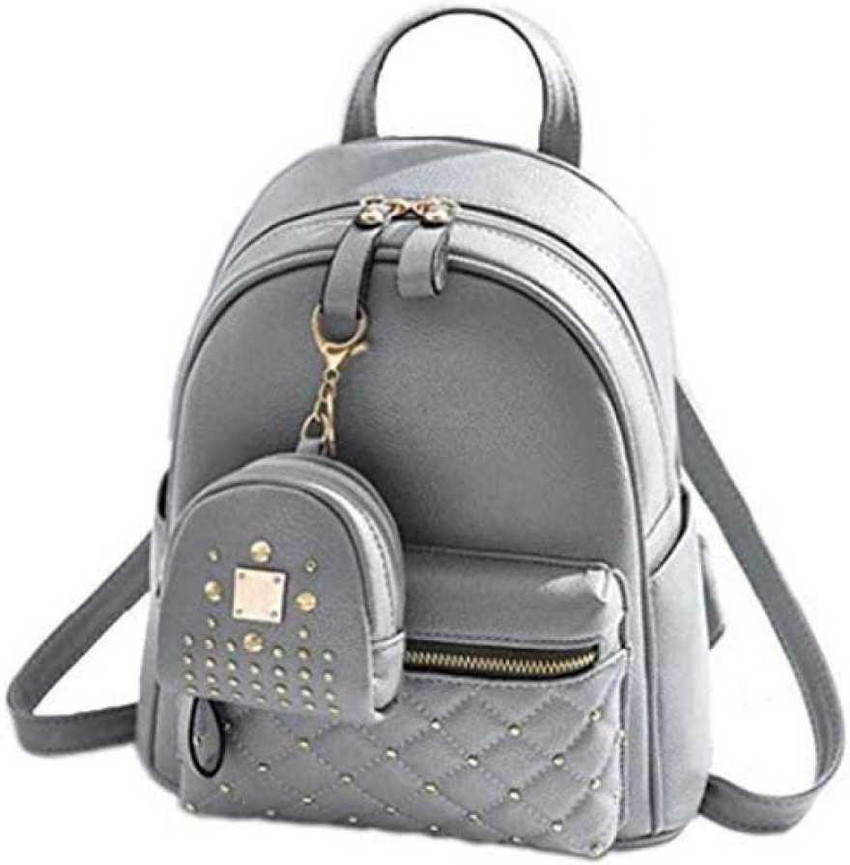 PIJUMART Women s Girls Fashion PU Leather Mini Casual Backpack Bags For School College Tuition office With Small Pocket Keychain Grey 6 L