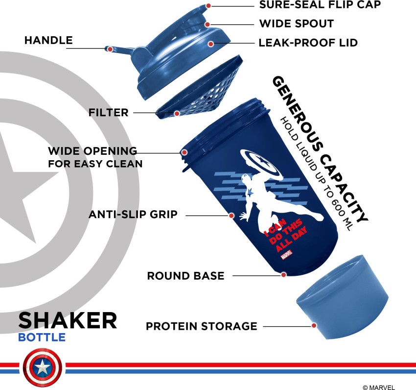 PowerMax x Marvel MSB-6S (600ml) Captain America Marvel Edition Protein Shaker  Bottle with Single Storage