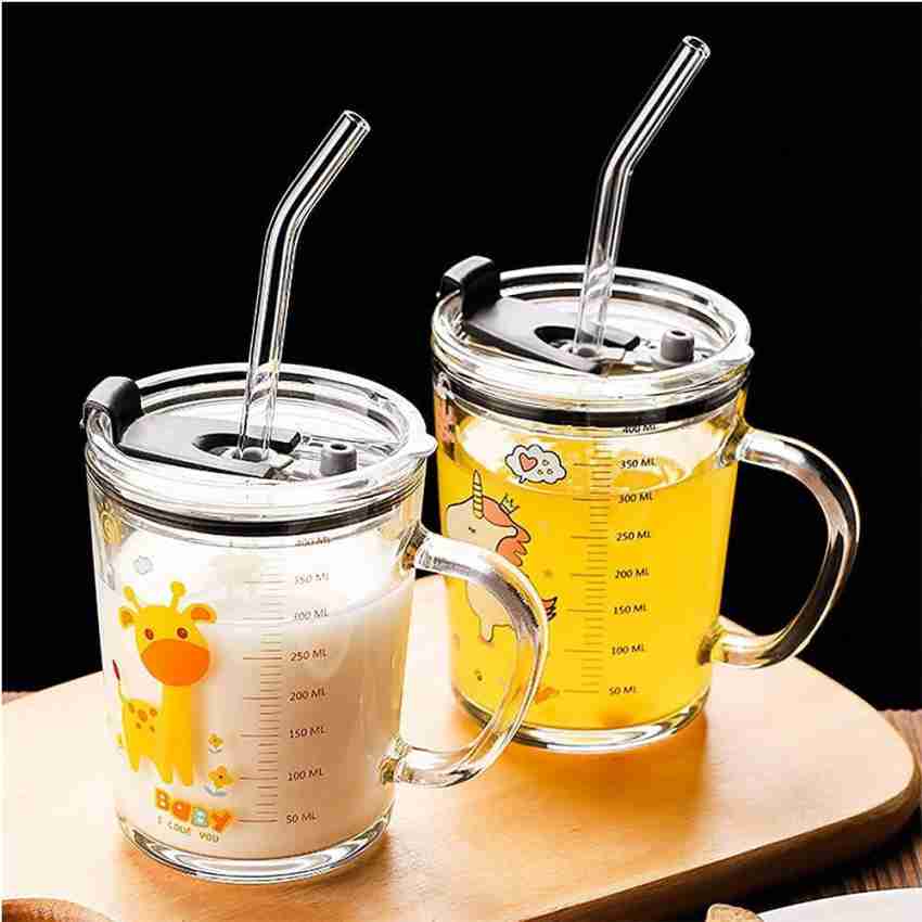 Glass Tumbler Milk Cup Children Cute Cartoon Juice Cup with Straw Glass Cup  