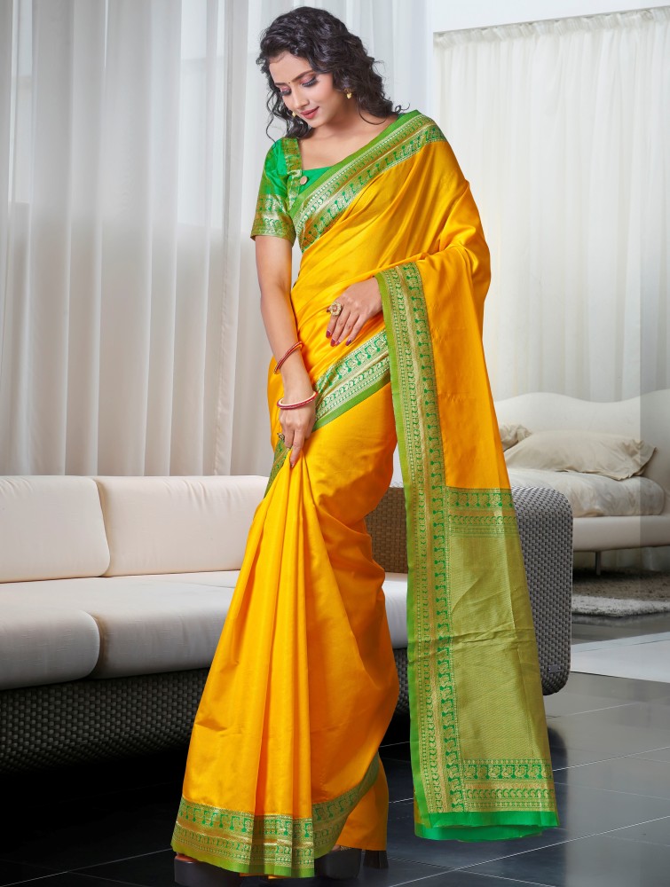 Mustard yellow handwoven silk baluchari saree – GoCoop