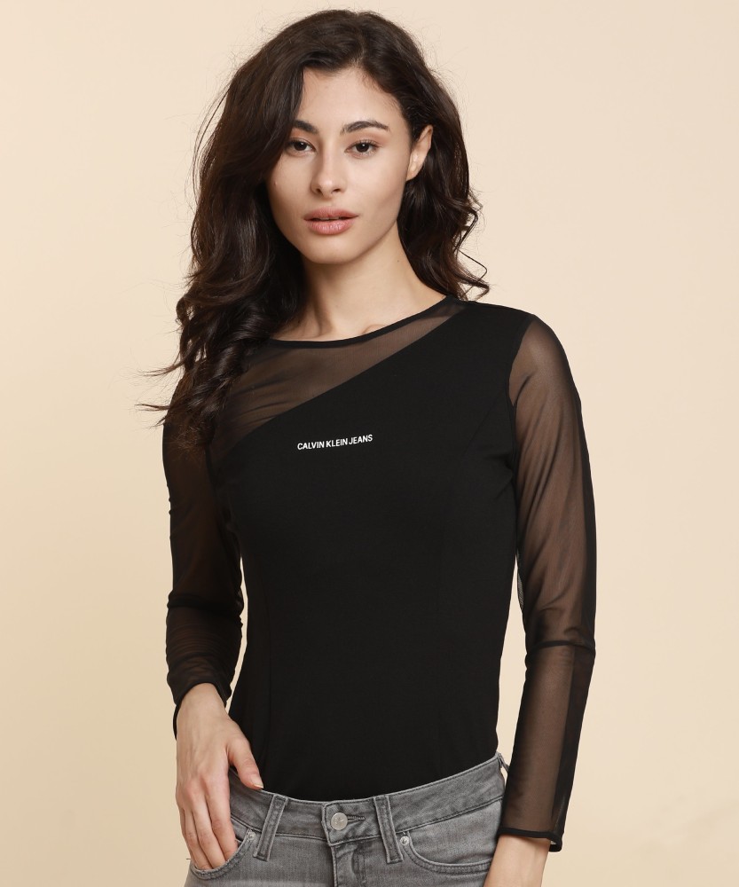 Calvin Klein Jeans Casual Full Sleeve Solid Women Black Top