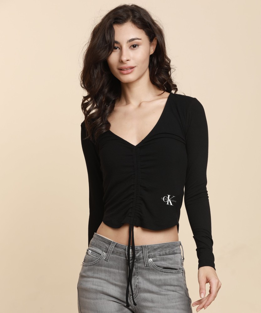 カルバンクライン Calvin Klein Womens Black Ruched 3 4 Sleeve V