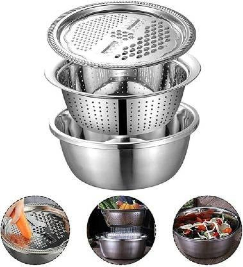 Multifunctional Stainless Steel Drain Basket Multi-purpose Vegetable Slicer  Graters For Kitchen,3 In 1 Graters Cheese Grater Salad Maker Bowl Drain