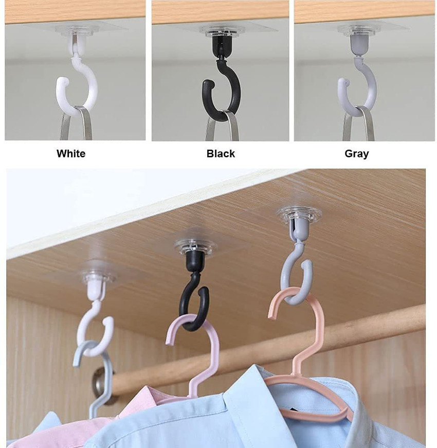 eshopy Heavy Duty 3M Adhesive Wall Hook Under Cabinet Command Hooks for Hanging Clothes 360 Clothes Hanger Kitchen Bathroom Bedroom Wall Hanger Swivel Utility Hook White Pack of 2 Swivel Hook 2