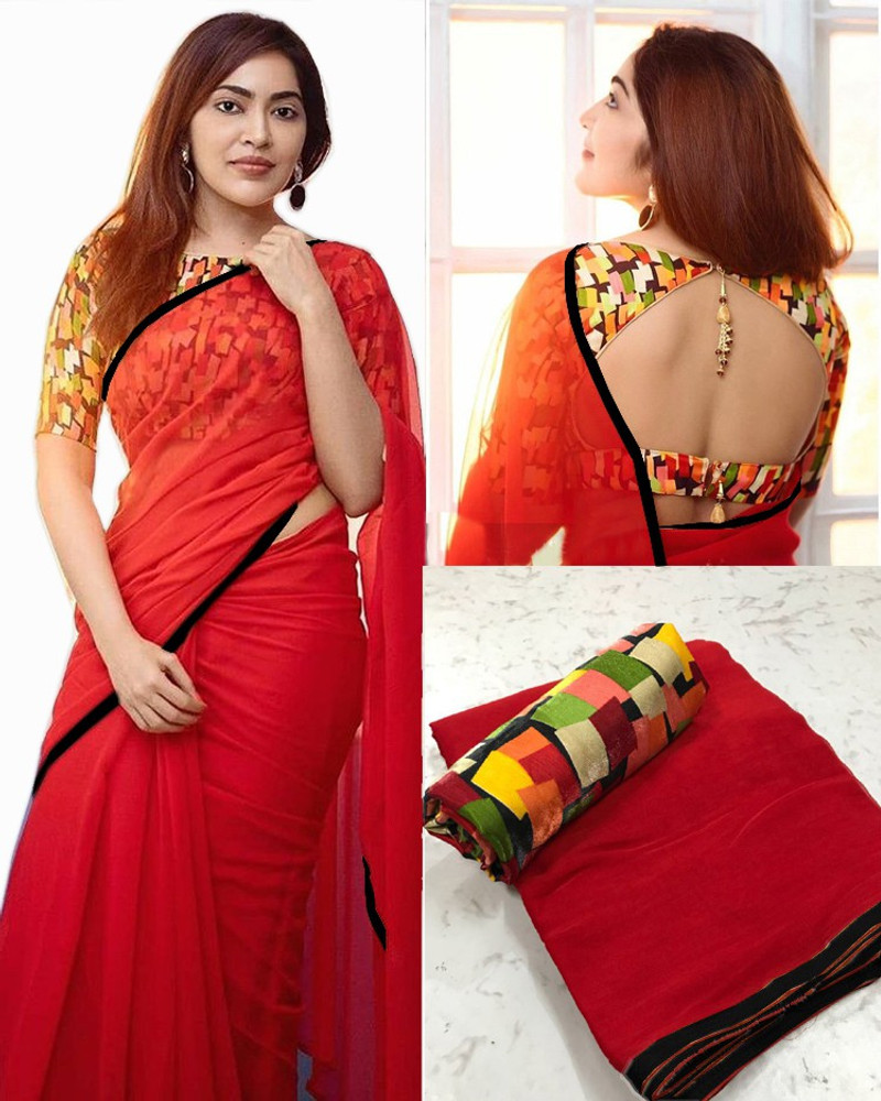 Plain saree with top designer blouse flipkart