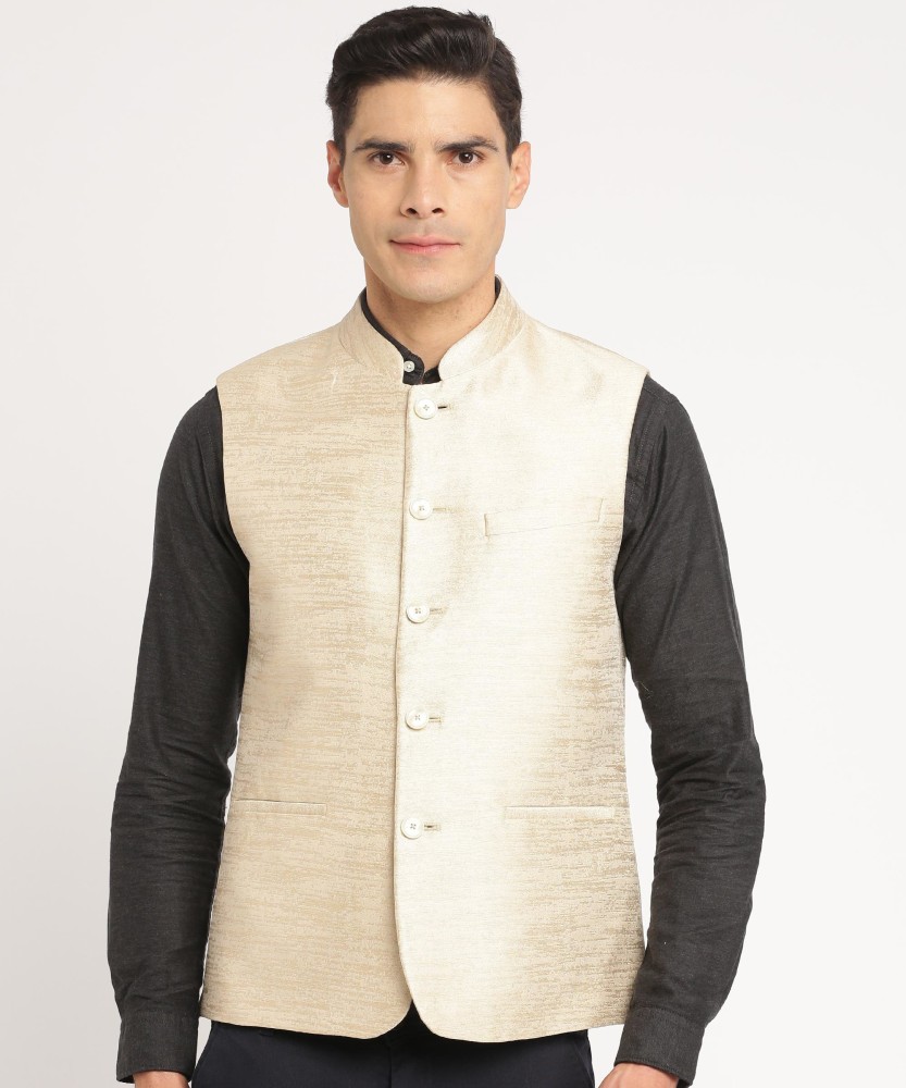 Men's Cream Self Design Nehru Jacket