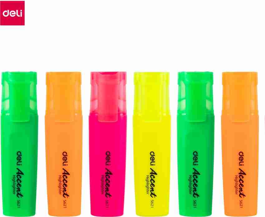Deli 6 Very Bright Fluorescent Ink Color Highlighter, Low  Odor, Non-Toxic, Dry Fast, Chisel Tip: 1-5mm, Highlighter for Students,  Aspirants, Artist, Textliner Office Yellow, Green, Pink, Orange Highlighter,  Assorted Colour