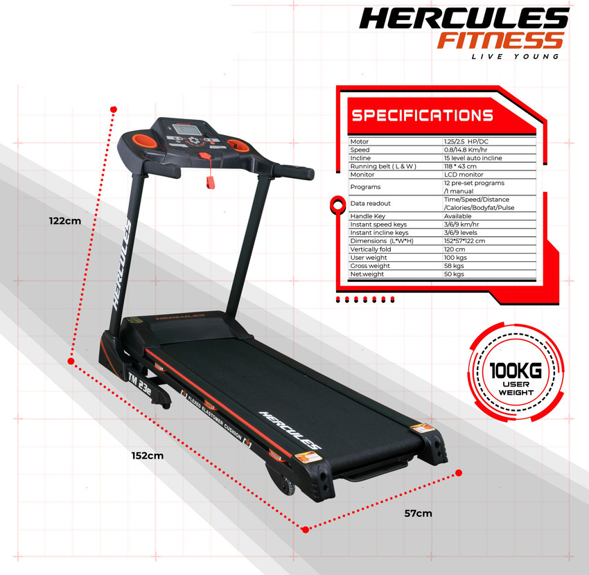Hercules Fitness Motorized Treadmill with Auto Incline Extra Wide