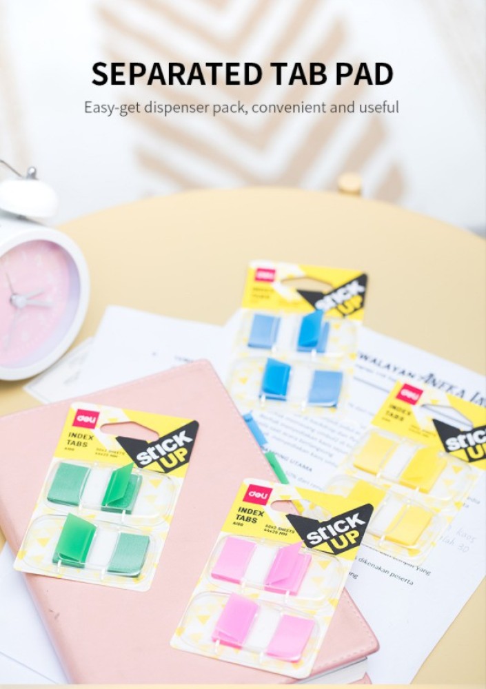 Deli Strong Adhesive Bright Colour Sticky Notes, Perfect for  Marking, Indexing, Short Notes, Reminders, Highlighting and Color-Coding,  Detachable and Repositionable Rectangle Shape Tab Memo Pad with With  Plastic Dispenser Box
