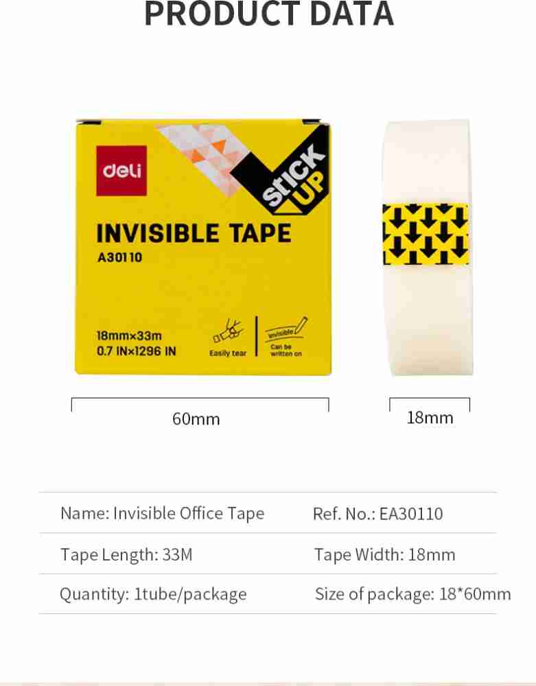 Deli Double Sided Invisible Tape Single Handed Application, Strong  Adhesive, Non-Toxic Acrylic Glue with Low Odor & Writable, Easy to Tear, Transparent  Double Sided Tape for Sticking, Fixing, Sealing and