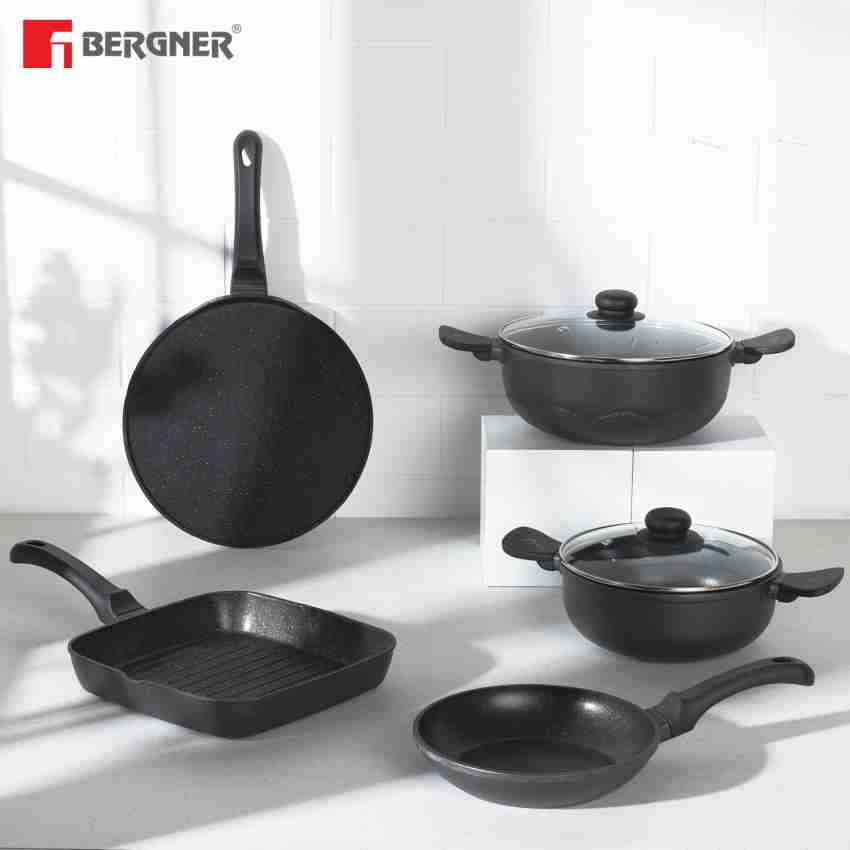 Bergner 10 PC Non Stick Cast Aluminum Pots and Pans Cookware Set, 10 Pieces, Black