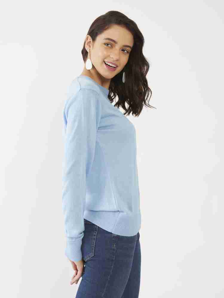 Zink London Solid Round Neck Casual Women Blue Sweater - Buy Zink