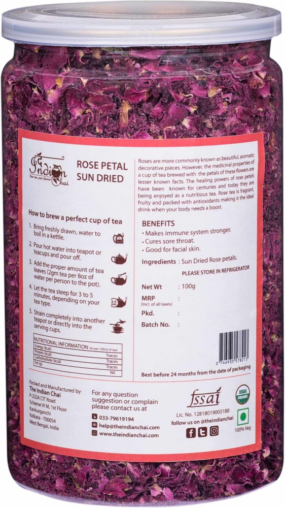 The Indian Chai Rose Petals 100g (Pack of 2) for Beautiful Hair & Skin, Rose  Tea, Relieves PMS Pain, Boosts Immunity, Relieves Sore Throat, Stress  Buster Herbal Infusion Tea Plastic Bottle Price