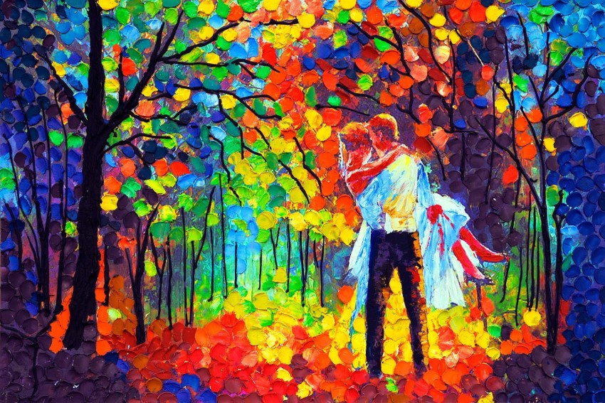 Art Street Couple in The Rain Art Print, Landscape Canvas Paint