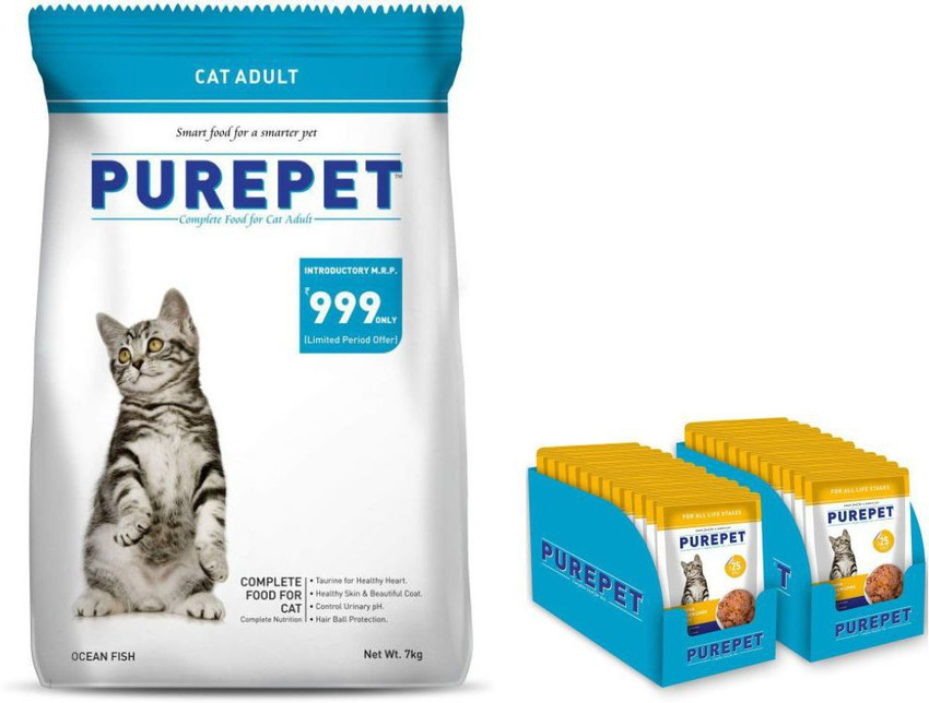 purepet KE Purepet Ocean Fish Adult Cat Food 7kg AND Purepet Wet Cat Food Real Tuna and Chicken Liver in Gravy 24 Pouches 24 x 70g Chicken Tuna 5 kg Dry Adult