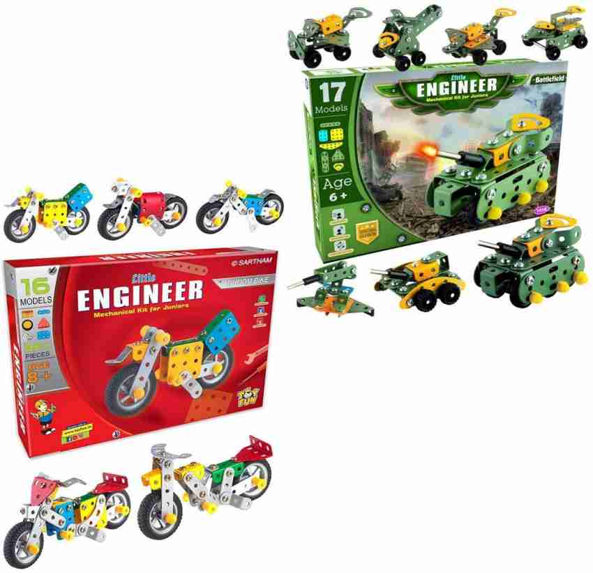 Happy Hues Little Engineer Battlefield and Dhoom Bike Construction Mechanical Kit toys. A Brain Booster for Creative Junior Kids Age 6 To create Realistic Models Little Engineer Battlefield and Dho...