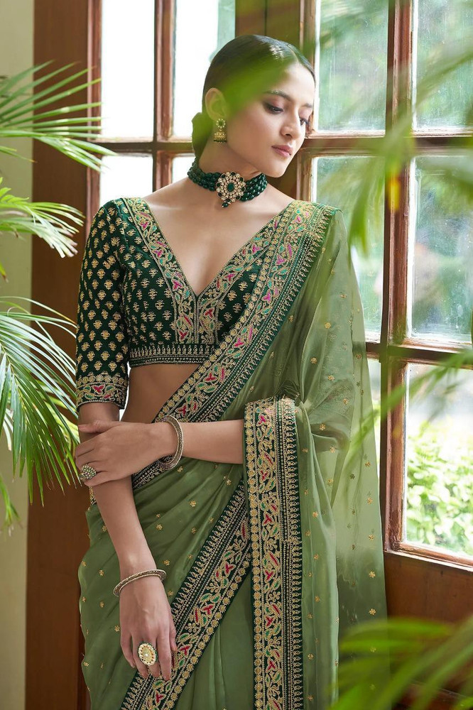 light green and dark green combination saree