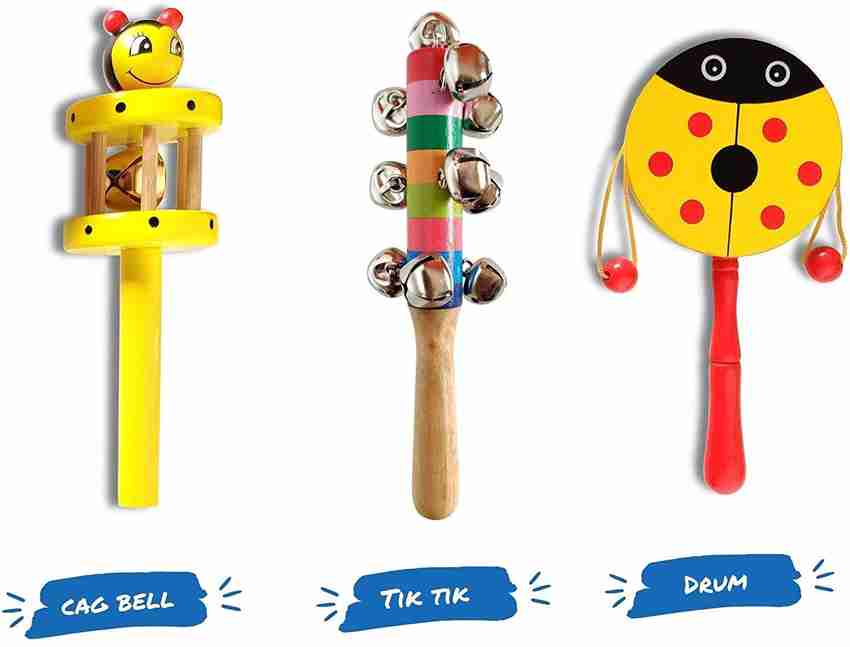 Authfort Wooden Non Toxic Colourful Rattle Toys for New Born Baby Musical Infant Toy Teether for Babies Toddler Child Set of 3 Wooden Non Toxic Colourful Rattle Toys for New