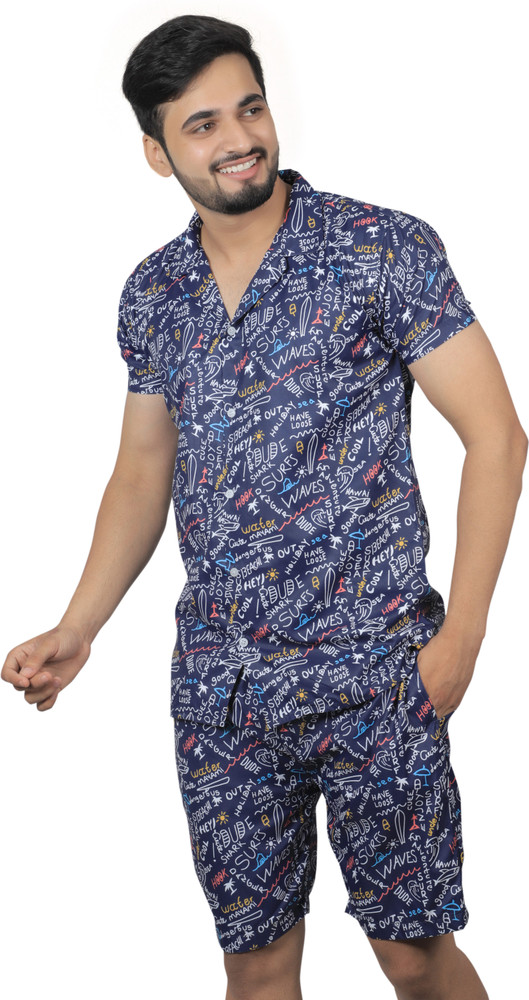 LINKH Men Printed Blue Night Suit Set Price in India Buy LINKH