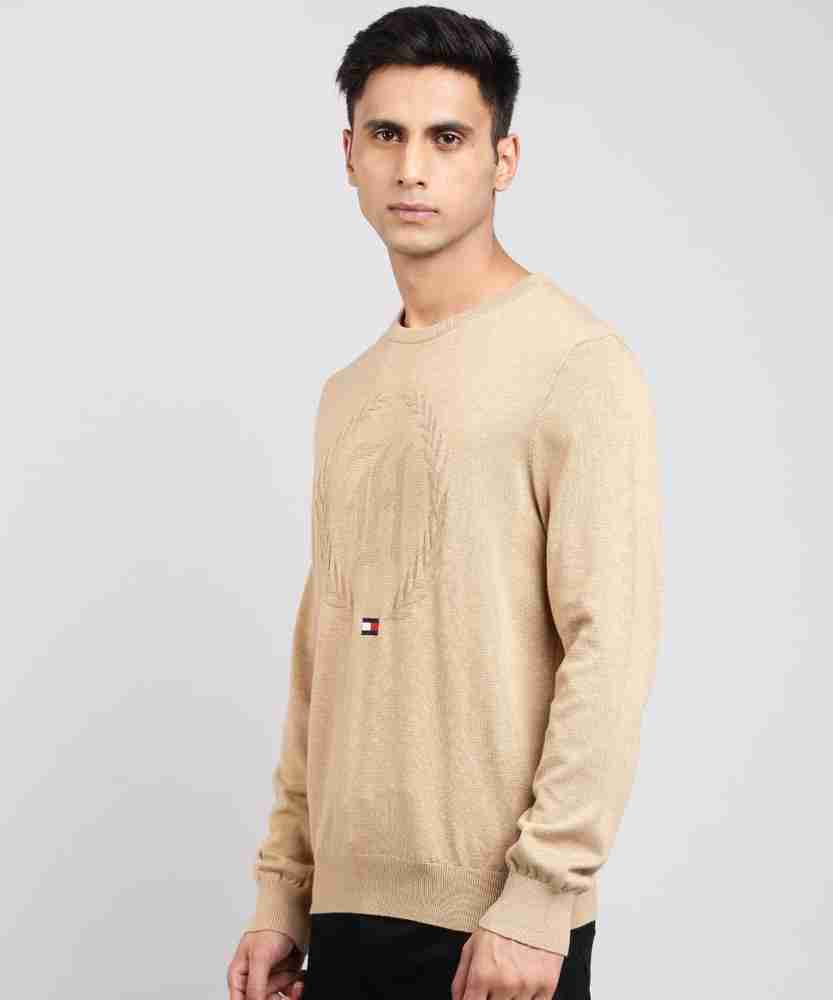 TOMMY HILFIGER Self Design Round Neck Casual Men Beige Sweater