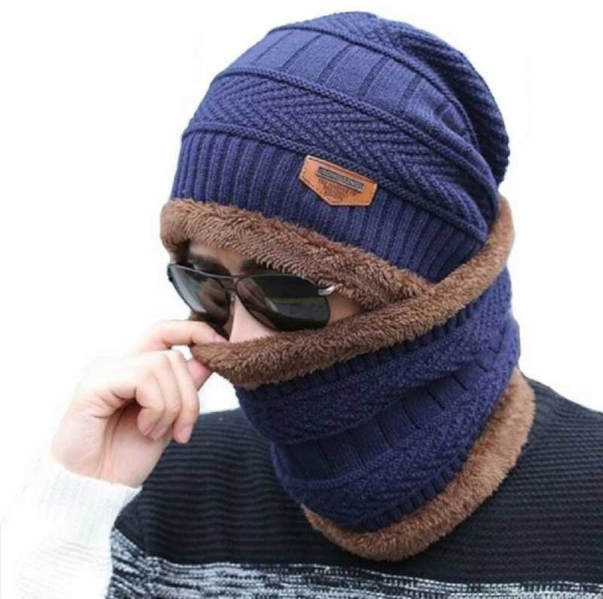 Zonkar Song Tian Blue Unisex Woolen Beanie Cap with Scarf for Men