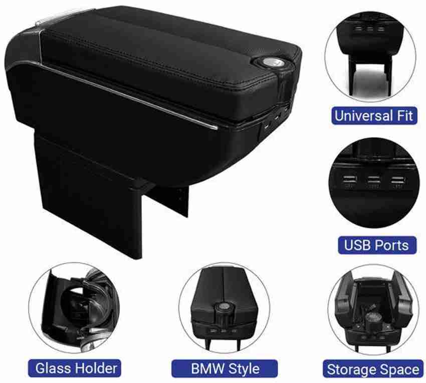 Air Wink 7 USB Universal Center Console Armrest with USB Ports Glass Holder and Ashtray For All Cars Black Color Car Armrest Cover