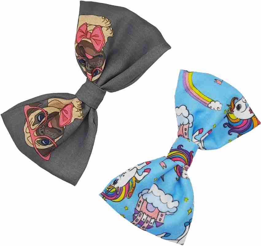 Karki Fusion 2 Pc Multi Print Design Bow Hair Clips for Women & Girls; Blue  Unicorn & Grey Pug Dog Alligator Bow Clips (Pack of 2) Hair Clip Price in  India 